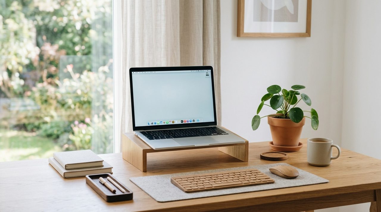 Una postazione di lavoro ordinata con accessori per scrivania in legno naturale e luce soffusa.