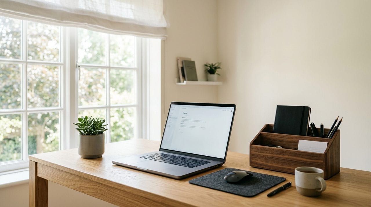 Postazione di lavoro ordinata e minimale con accessori per scrivania in legno