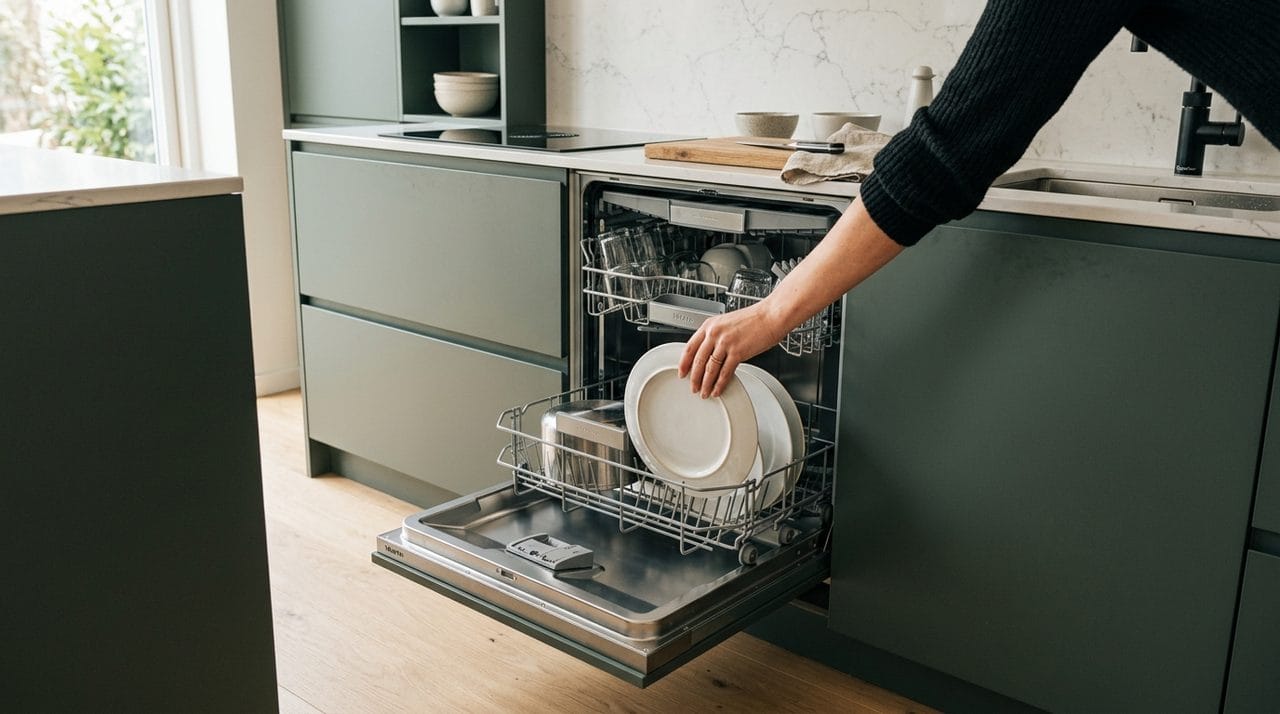 Una lavastoviglie da incasso moderna perfettamente integrata in una cucina minimalista.
