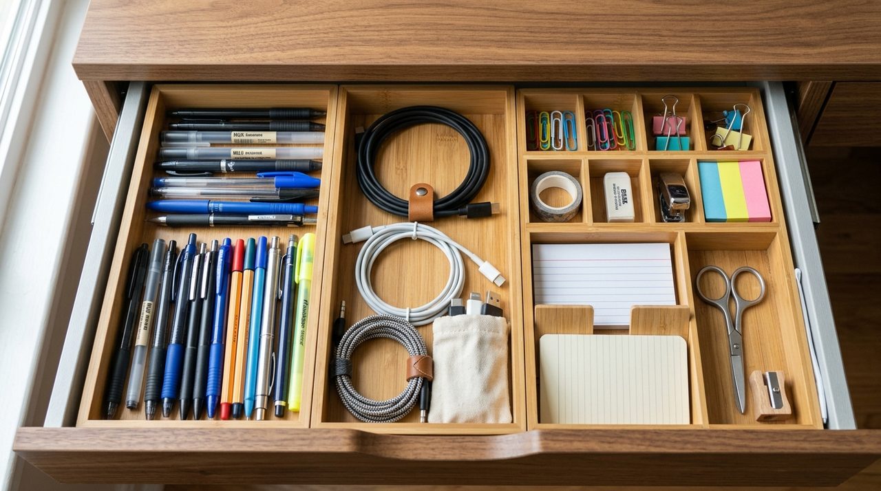 Dettaglio di un cassetto da scrivania ordinato con divisori in bambù.