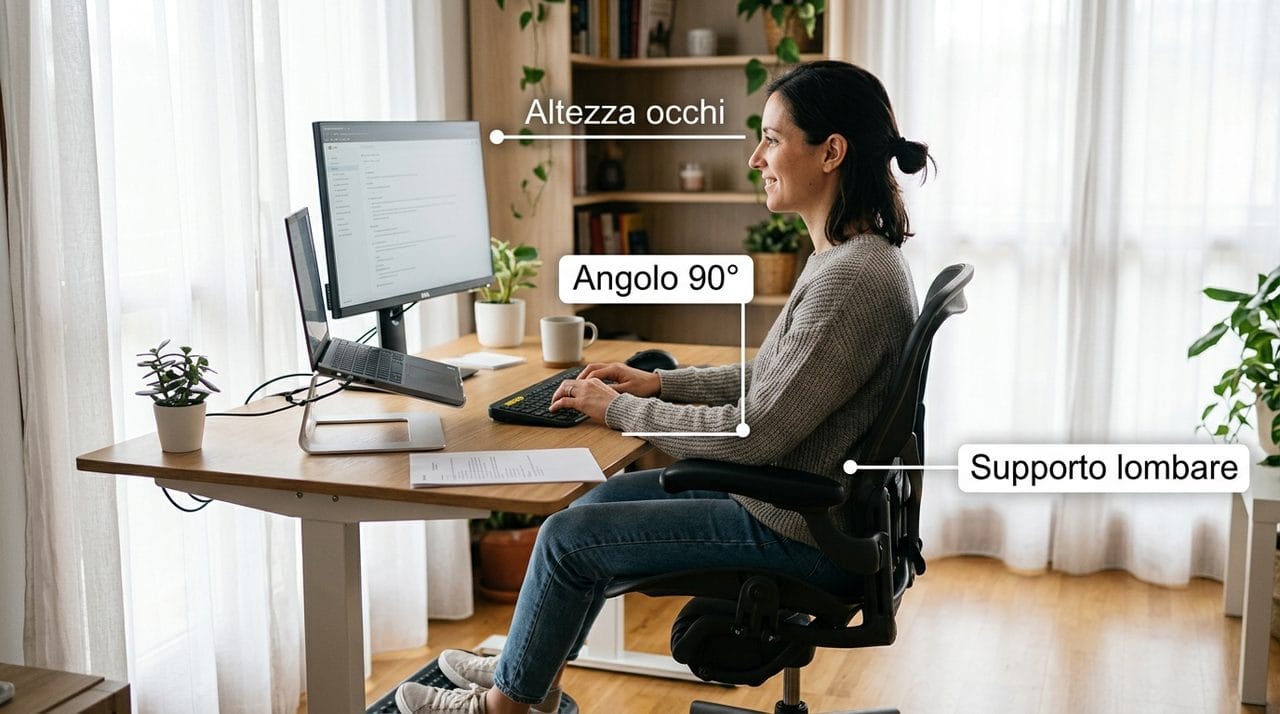 Schema che illustra la corretta postura ergonomica per una postazione di lavoro, con indicazioni in italiano.