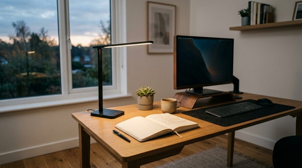 Una postazione di lavoro ben illuminata da una lampada da scrivania a LED per lo smart working.