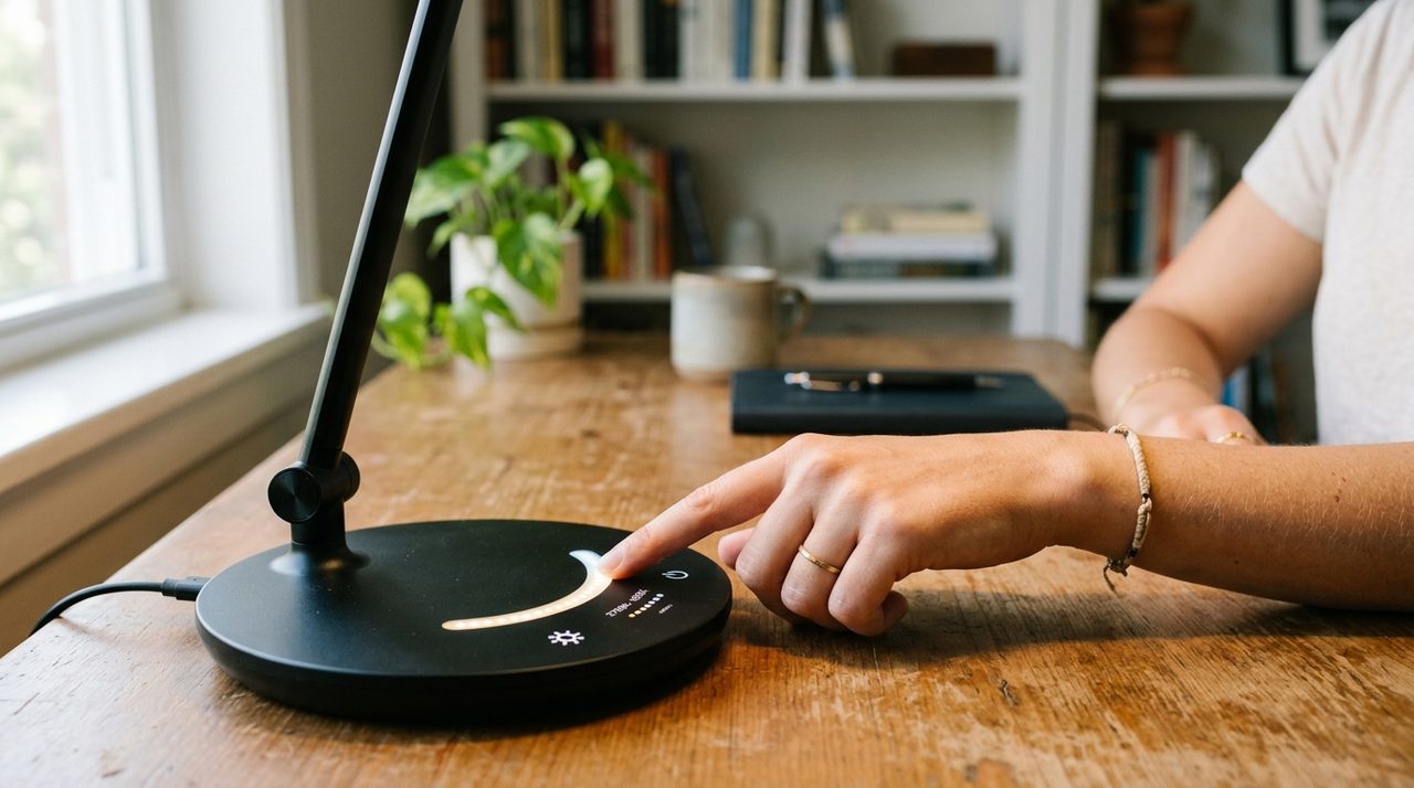 Dettaglio dei controlli touch per regolare l'intensità e la temperatura della luce su una lampada da scrivania.