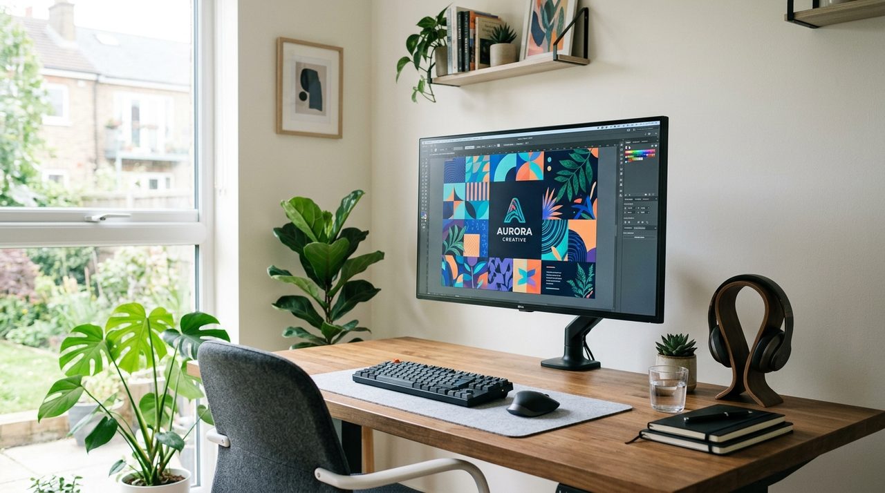 Postazione di lavoro moderna con un monitor per computer al centro che mostra un progetto grafico.