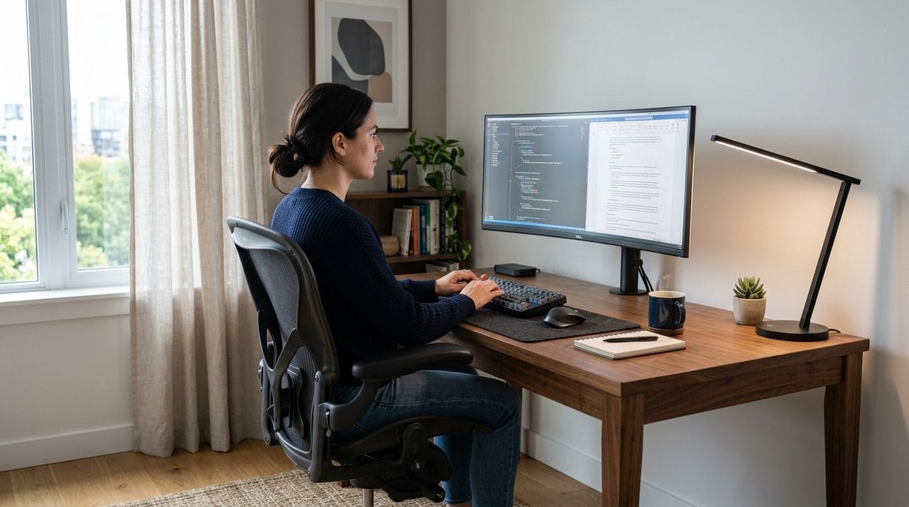 Una postazione di smart working ergonomica e ben illuminata.