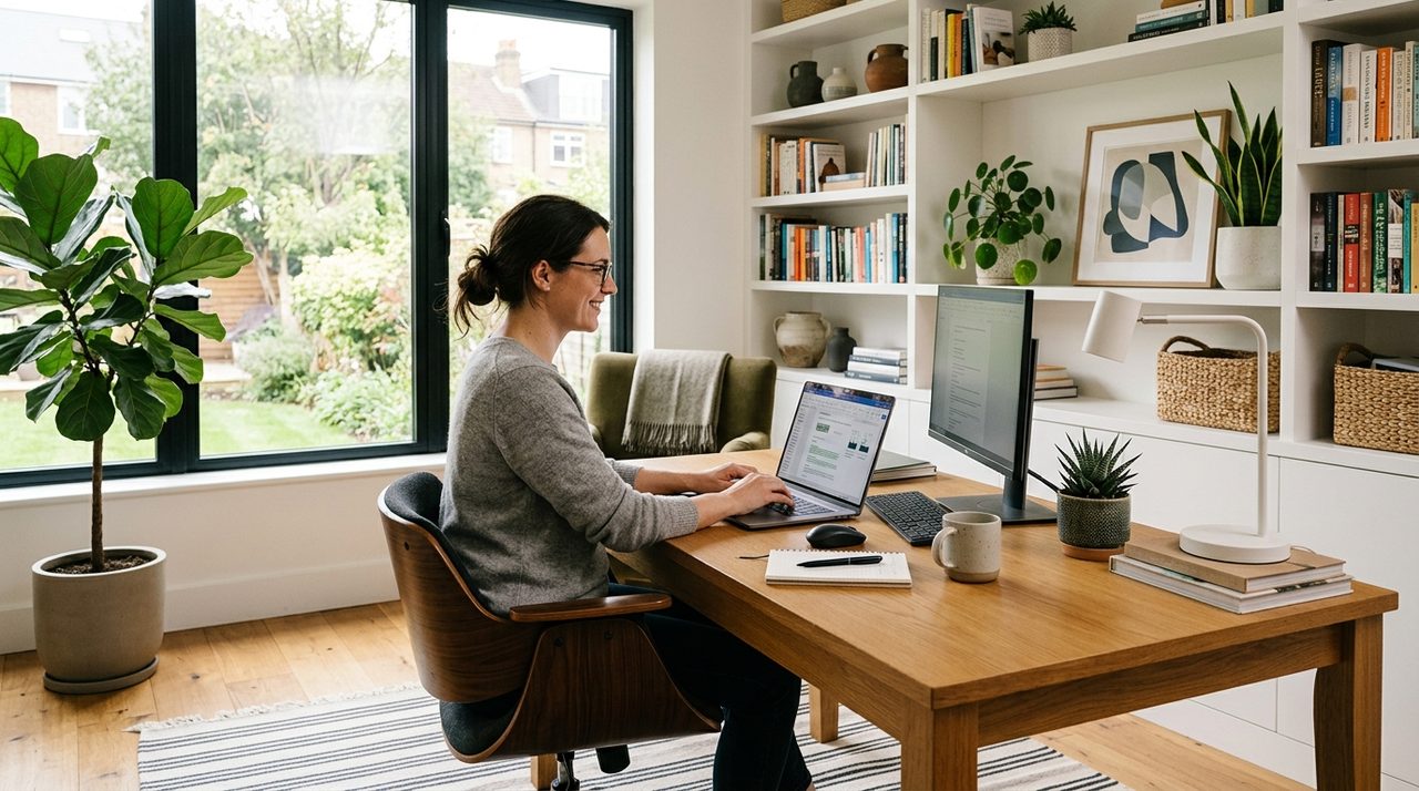 Una postazione di smart working ben organizzata e luminosa con una scrivania spaziosa