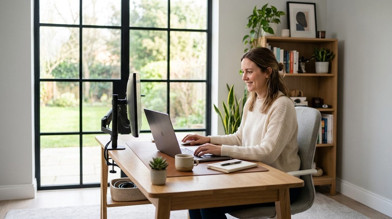 Postazione di lavoro per smart working ben organizzata e luminosa