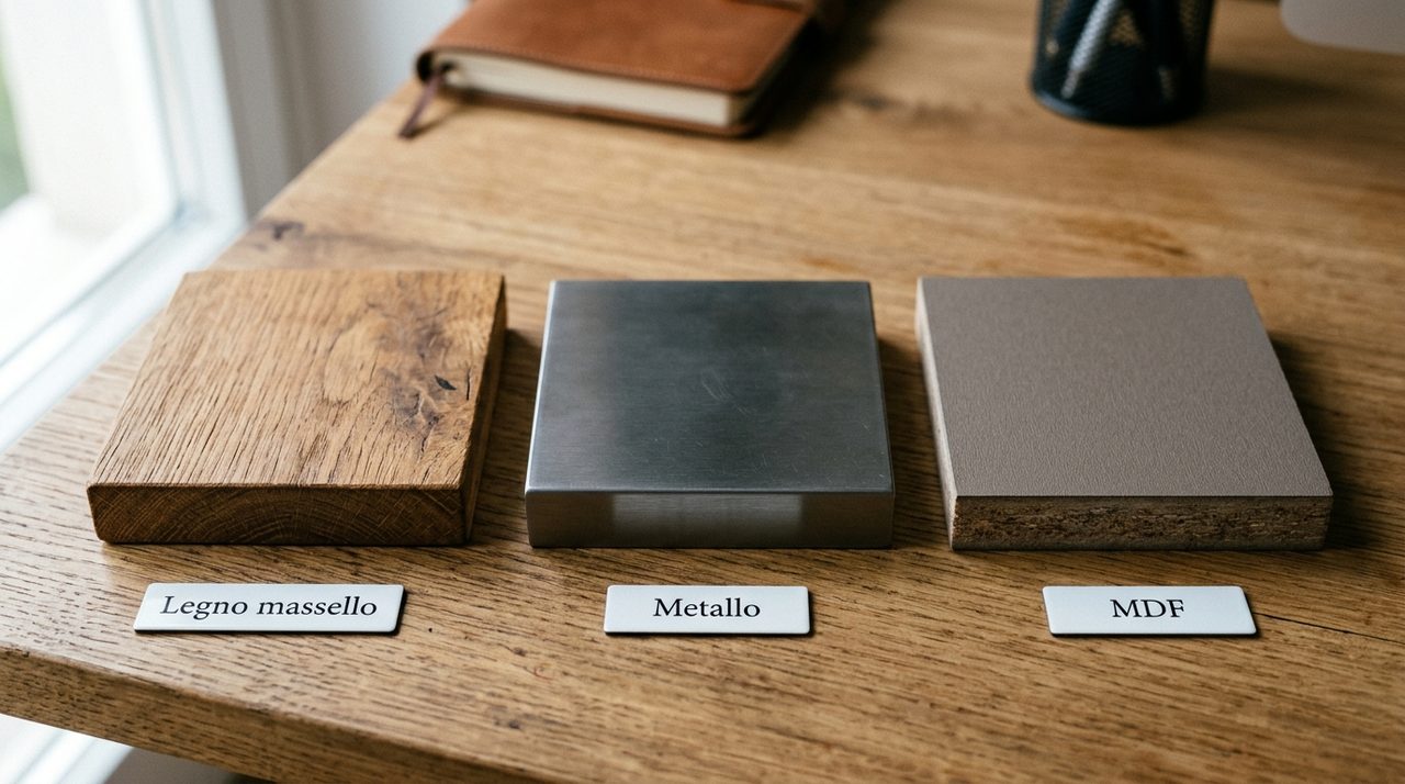 Dettaglio sui diversi materiali per scrivanie: legno, metallo e MDF