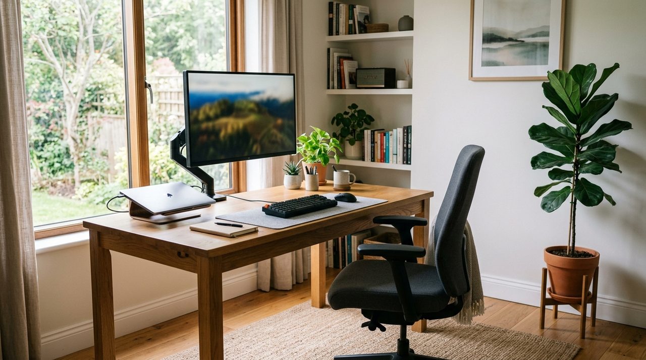 Una postazione di lavoro ordinata con una sedia ergonomica.