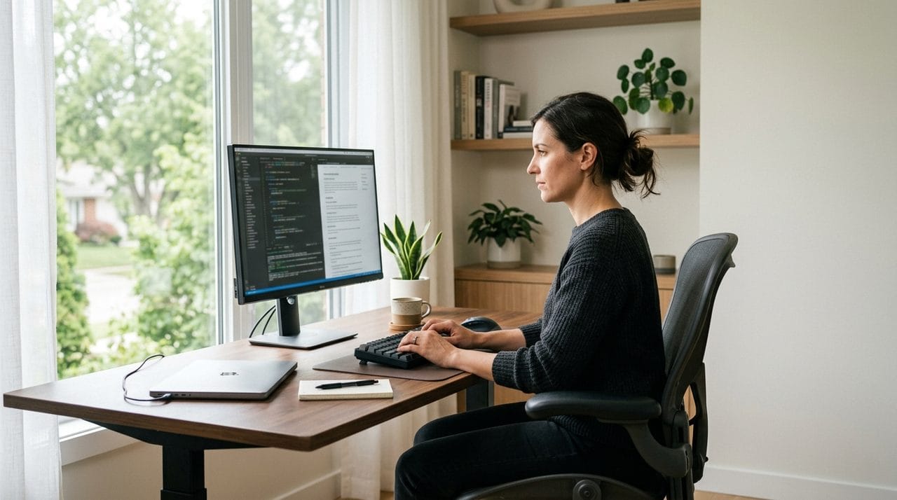 Postazione di lavoro domestica con una sedia ergonomica per smart working.