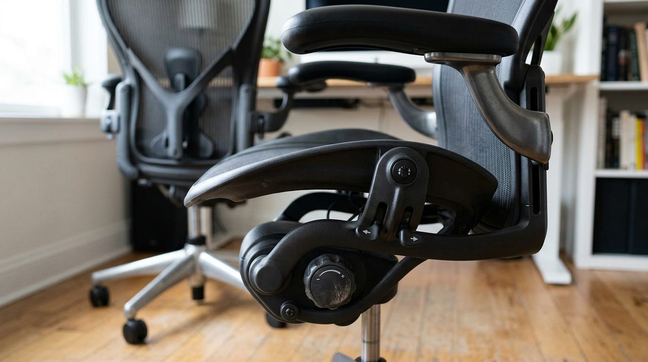 Dettaglio delle leve di regolazione di una sedia da ufficio ergonomica.
