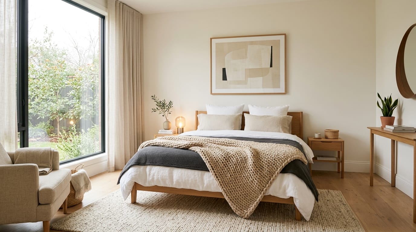 Camera da letto moderna con linee pulite e atmosfera accogliente