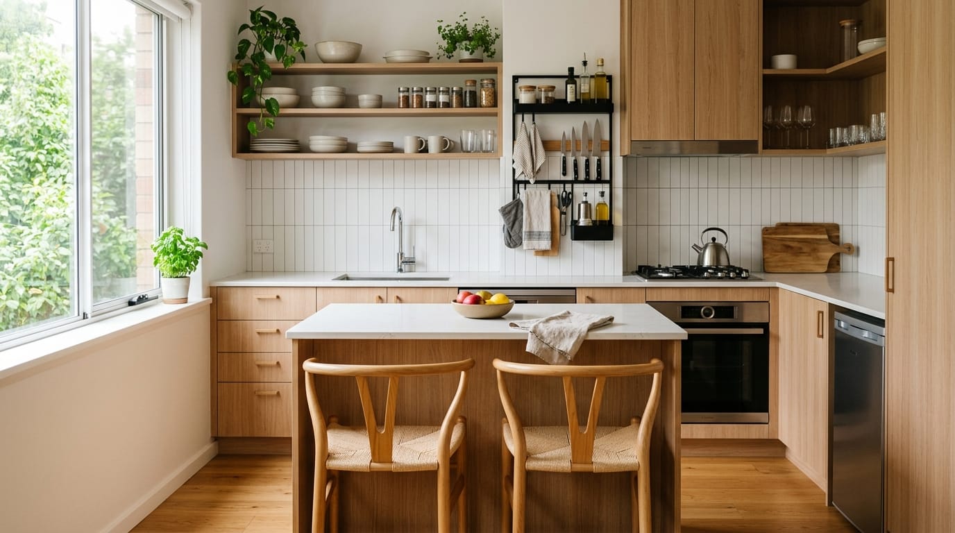 Cucina moderna piccola con soluzioni salvaspazio e luce naturale.