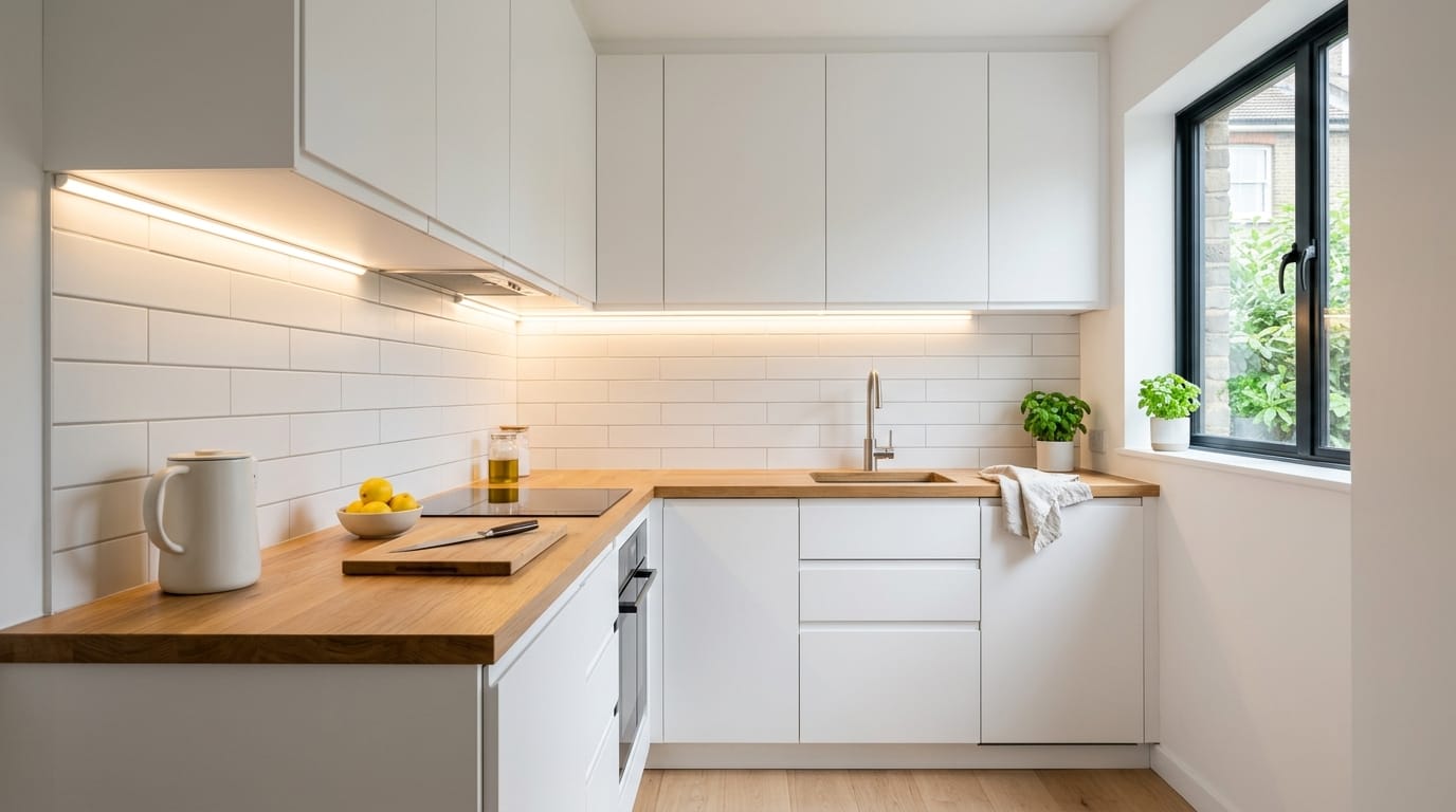 Cucina piccola minimalista con mobili bianchi e illuminazione LED.