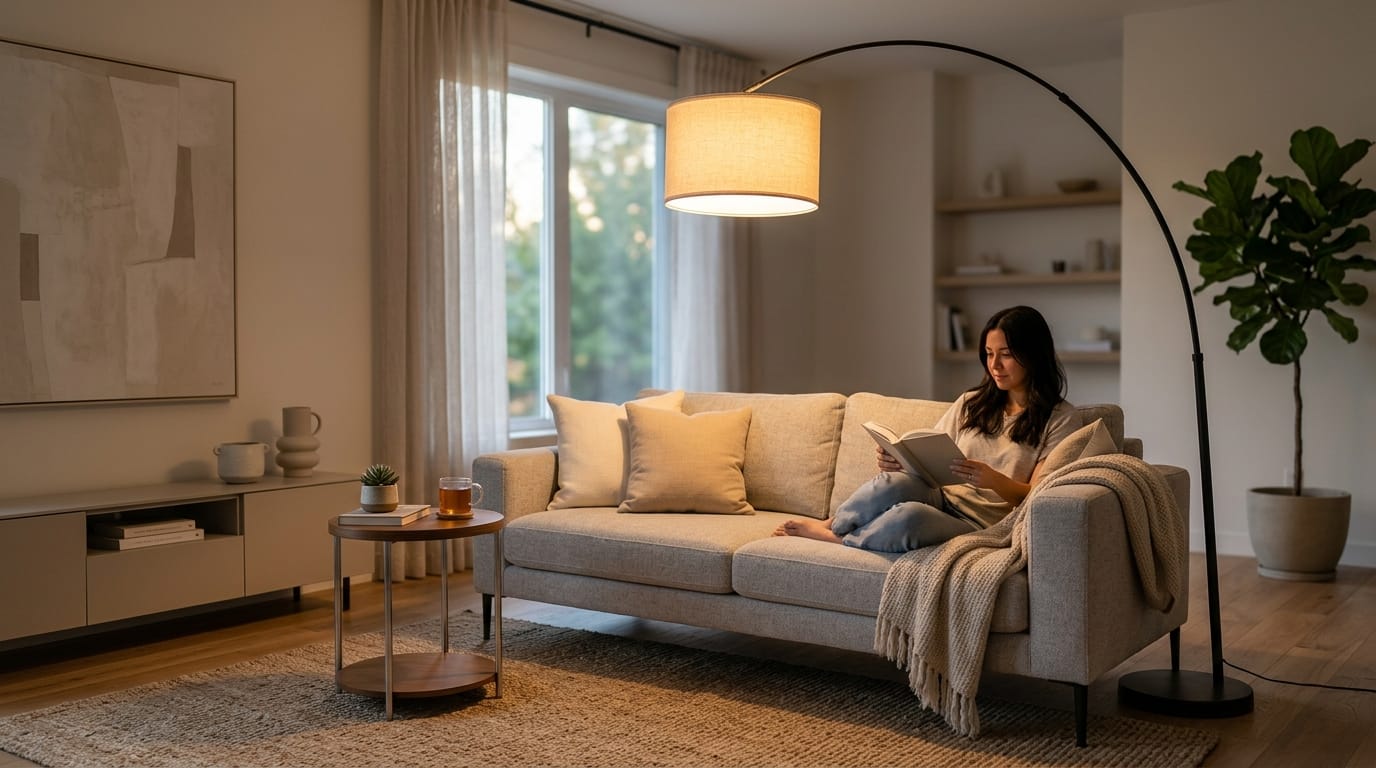 Lampade soggiorno moderne: una piantana ad arco illumina un salotto di design.