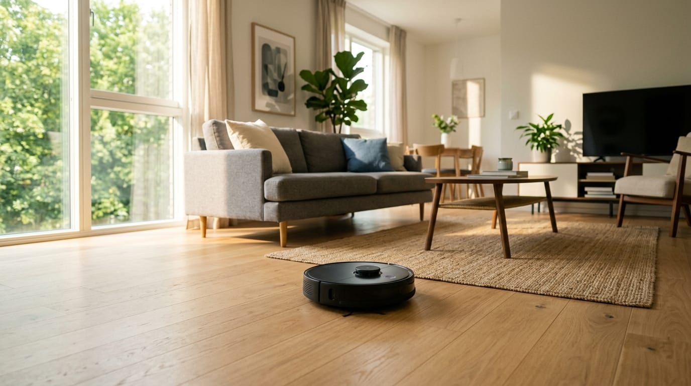 Robot aspirapolvere in azione in un soggiorno moderno e luminoso.