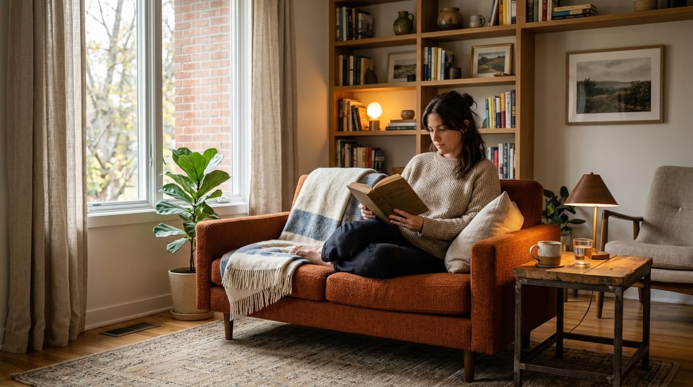 Un soggiorno accogliente con un divano compatto, alternativa allo stile IKEA