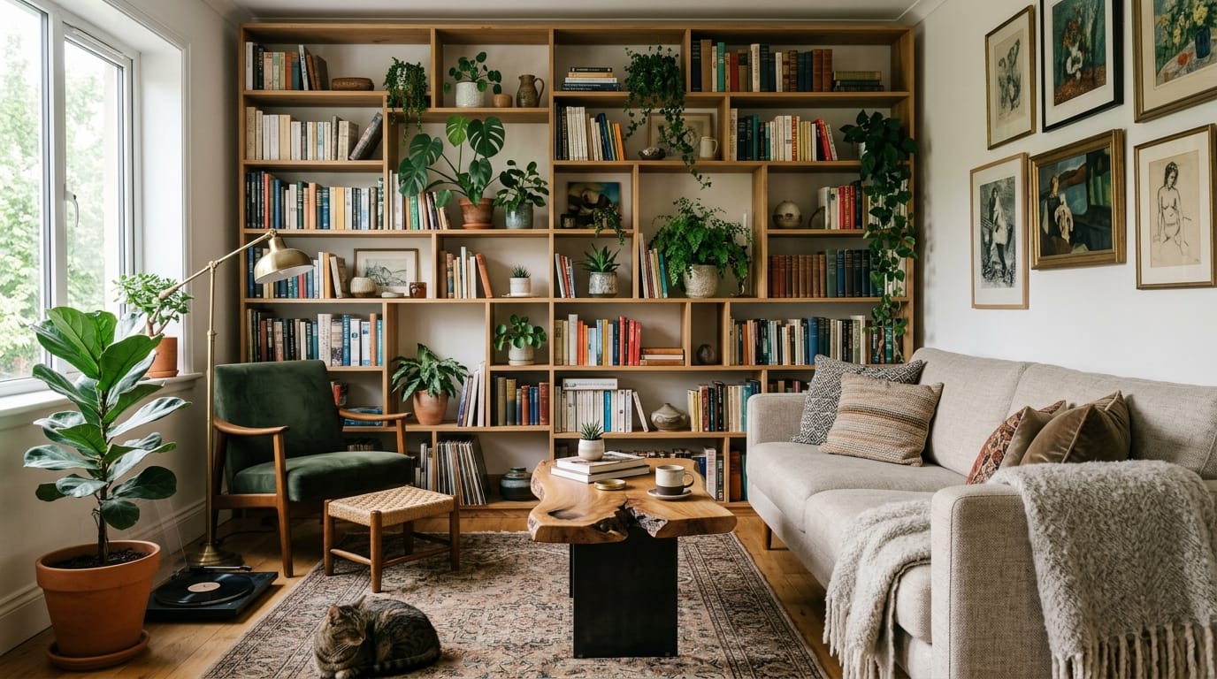 Soggiorno arredato con alternative di design a IKEA, con libreria asimmetrica e tavolino originale.