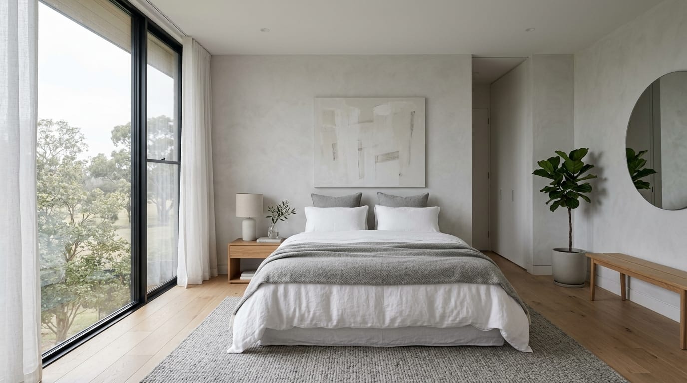 Interno di una camera da letto moderna e minimale con colori neutri e luce naturale
