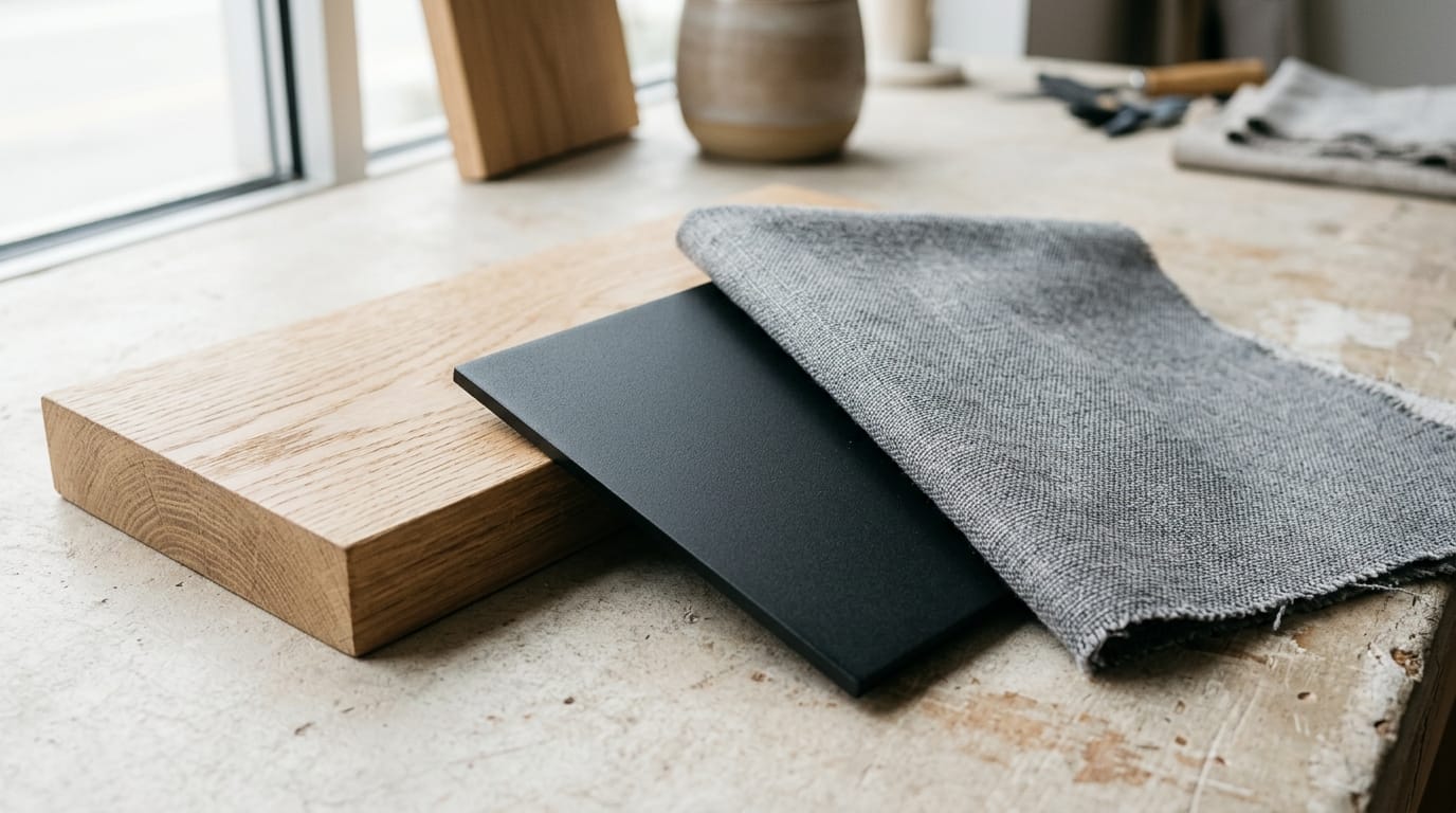Campioni di materiali per arredamento moderno: legno chiaro, metallo nero opaco e tessuto grigio