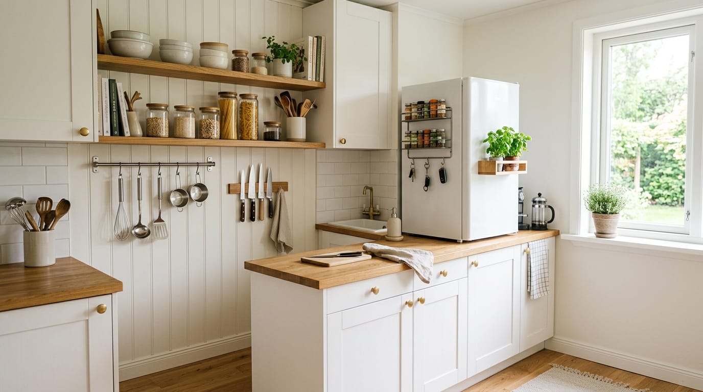 Una cucina piccola e luminosa con mobili bianchi e piani di lavoro in legno chiaro, che mostra soluzioni di stoccaggio verticali.