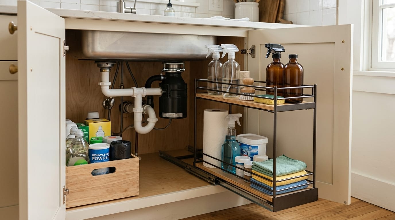 Un mobiletto sottolavello ordinato in una cucina piccola, che usa un organizer a due livelli estraibile per i prodotti di pulizia.