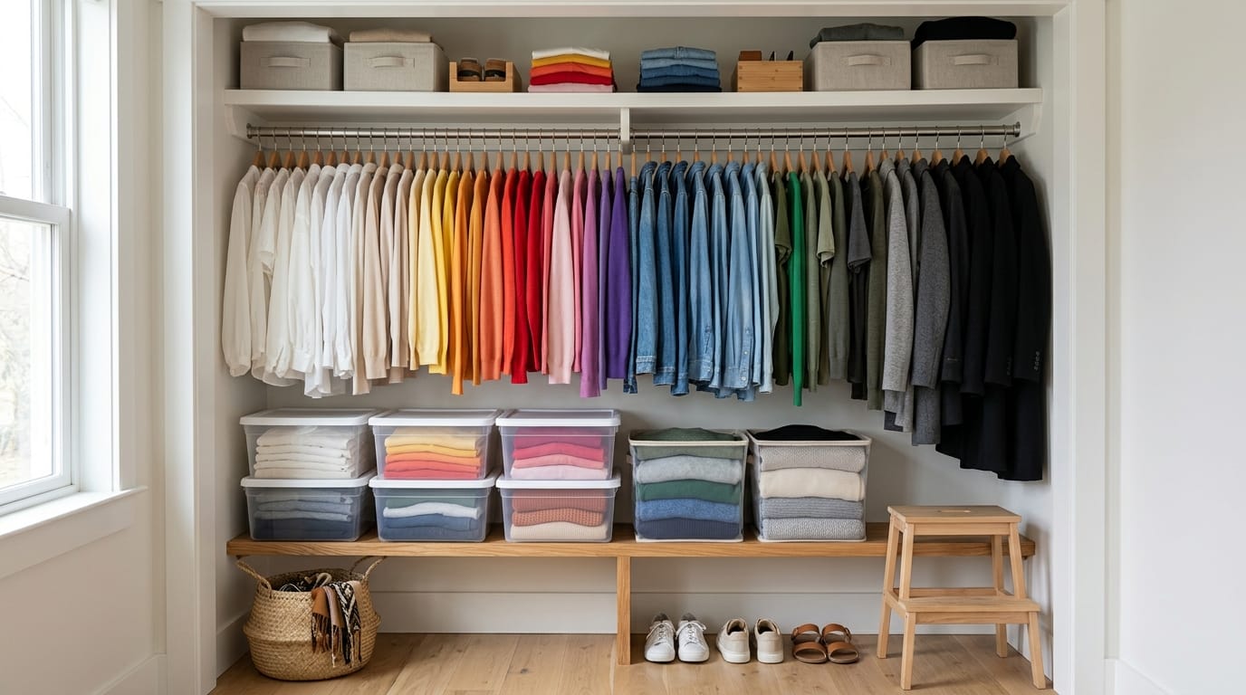 Un armadio piccolo ma perfettamente organizzato con vestiti piegati e riposti in contenitori.