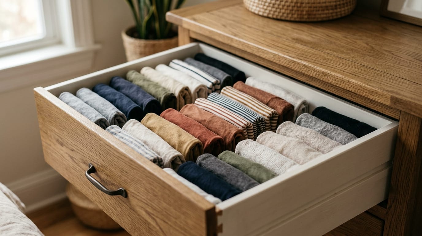 Un cassetto con vestiti piegati verticalmente con il metodo KonMari, dove ogni capo è visibile.