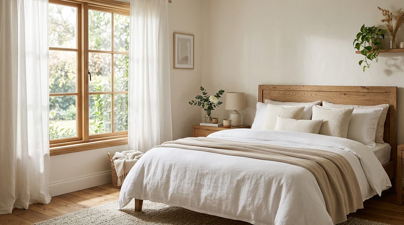 Camera da letto accogliente con un materasso comodo e luce del mattino