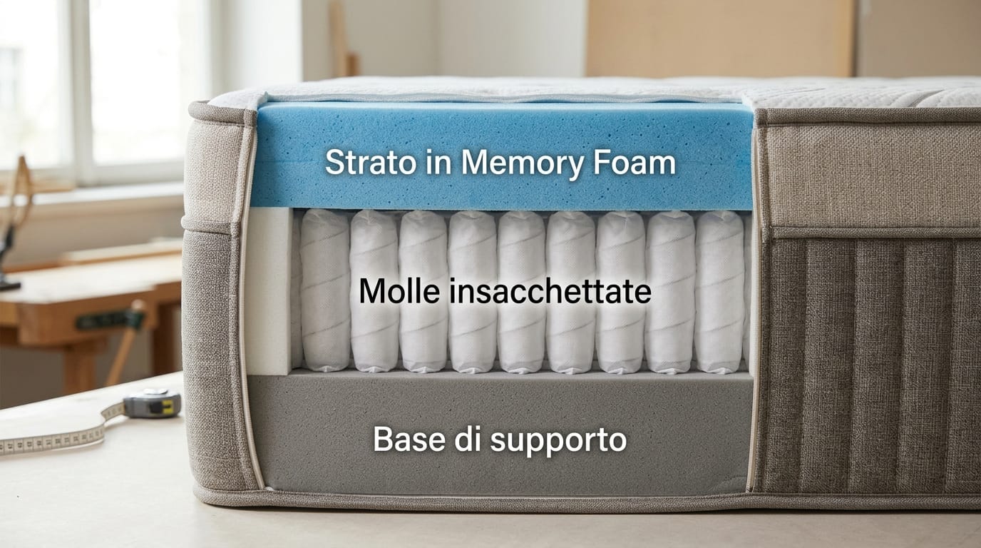 Sezione di un materasso ibrido con etichette dei materiali