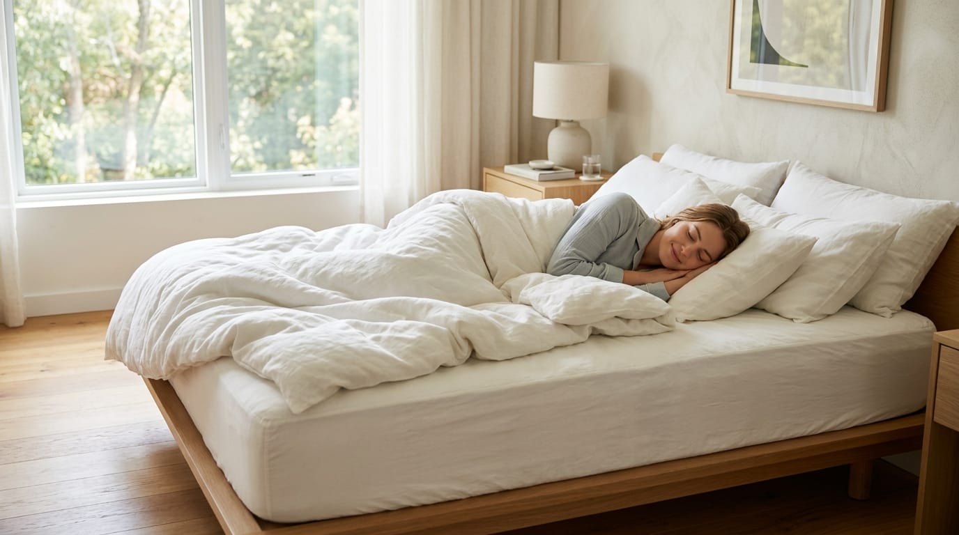 Una persona dorme serenamente su un materasso in una camera da letto moderna e luminosa