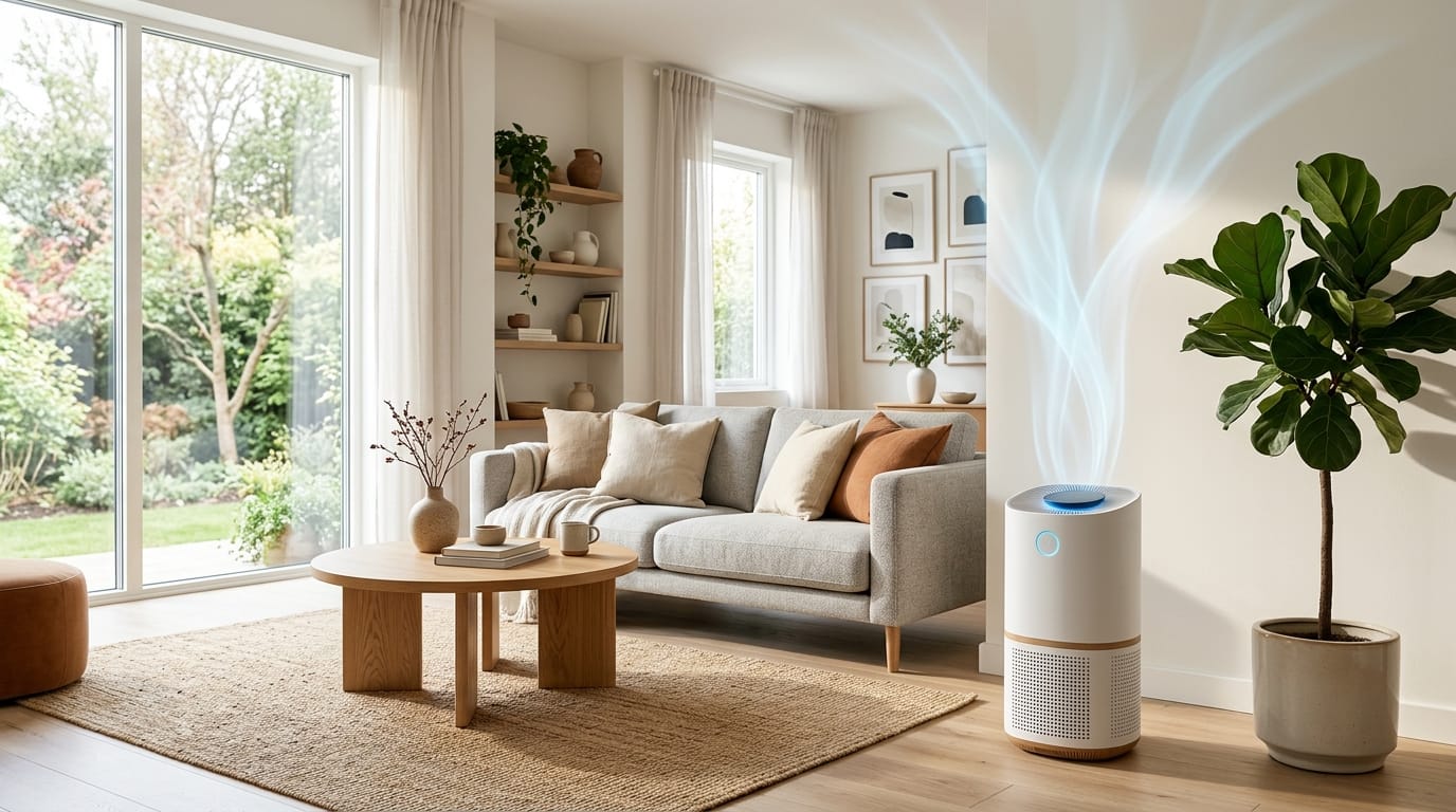 Un purificatore d'aria dal design moderno in un salotto luminoso.