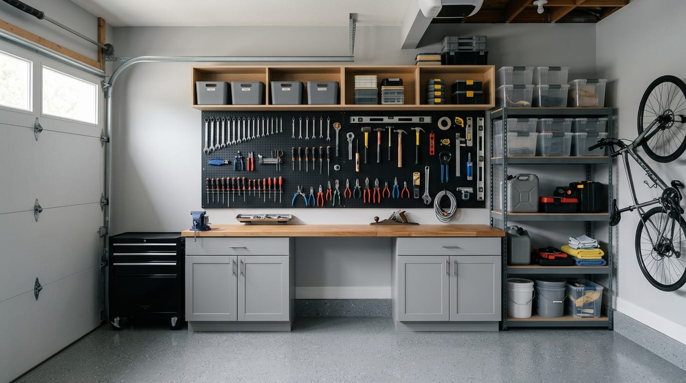 Un garage moderno e ben organizzato con scaffali a muro.
