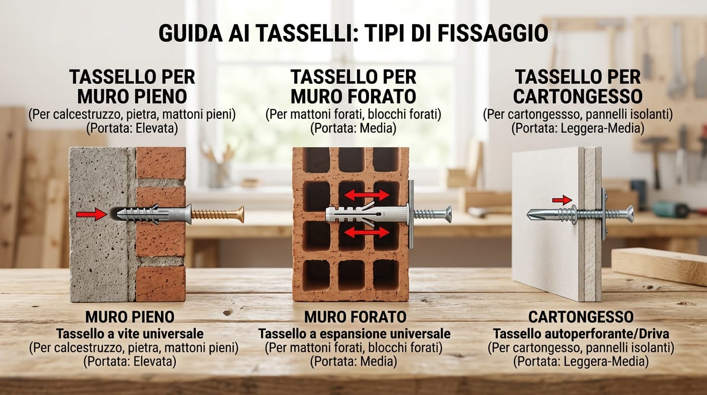 Schema che illustra i diversi tipi di tasselli per muro pieno, forato e cartongesso.